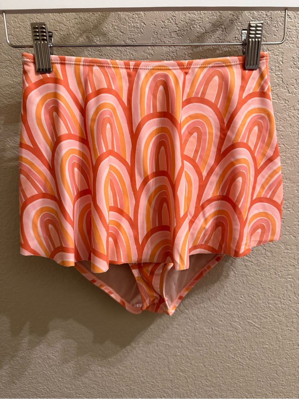 Girl’s High-Waist Swim Skirt with Shorts - Pink Orange Rainbow Print